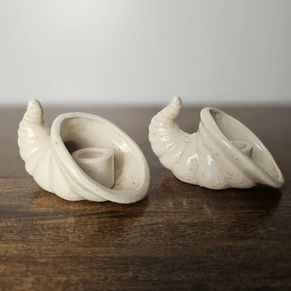 Vintage Pair of Small Speckled Ceramic Cornucopia Candle Holders - Coastal Beach